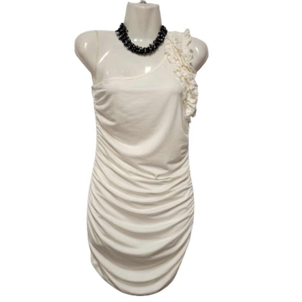 ONE Shoulder Body Con White Dress Mini Ruched Ruffle - Size S, Size M